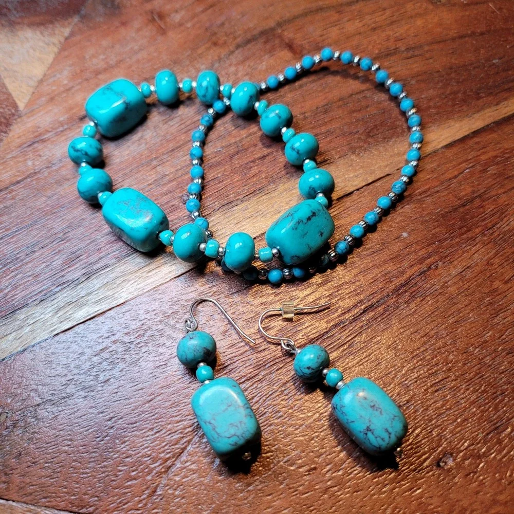 Beaded Bracelet Faux Turquoise with Dangle Earrings‎ Set Womens Jewelry